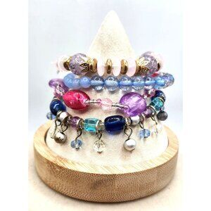 4 Bracelets, Pinks, Blue, Purple, Acrylic Crystal & Metal Beads